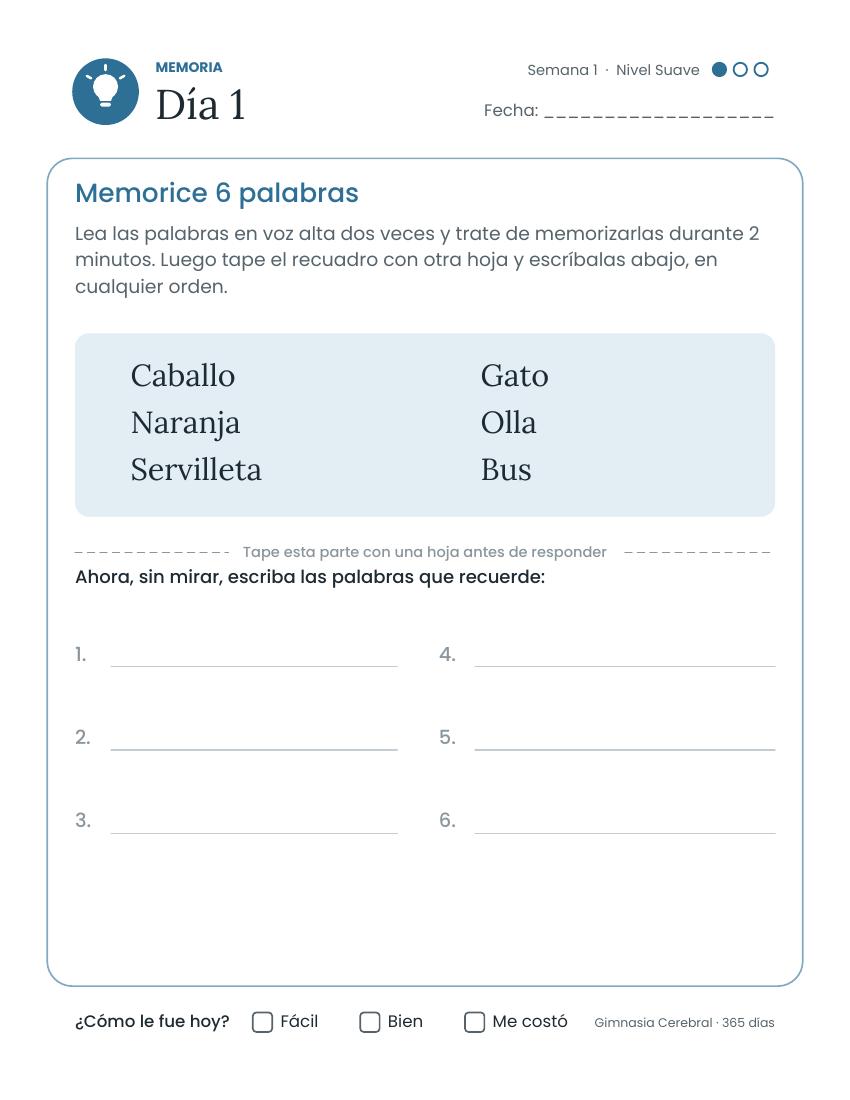 Página interior real: Memorice 6 palabras · Día 1